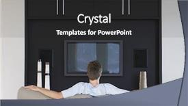  Presentation with television watching - PPT theme featuring home theater - rear view of young man background and a dark gray colored foreground