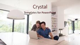  Presentation with computer - Theme enhanced with home together looking at screen background and a sky blue colored foreground