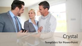  Presentation with salesman - Slide set having home visit - middle-aged couple visiting house background and a soft green colored foreground