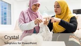  Presentation with arabic woman - Colorful PPT theme enhanced with home working at crochet backdrop and a lemonade colored foreground