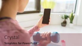  Presentation with online app - Colorful PPT theme enhanced with home-workout-phone-app-woman backdrop and a coral colored foreground