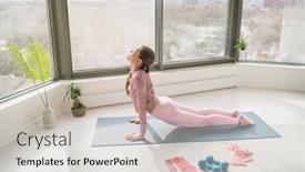  Presentation with sun salutation - PPT layouts enhanced with home-yoga-workout-woman-exercising background and a light gray colored foreground
