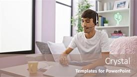  Presentation with call center - Theme with home-young-handsome-hispanic-man and a coral colored foreground