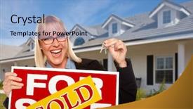  Presentation with real estate - Slide set having homebuyer - beautiful female holding keys background and a light blue colored foreground