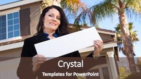  Presentation with work happy hour - Beautiful slide deck featuring homebuyer - happy attractive hispanic woman holding backdrop and a tawny brown colored foreground