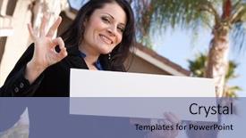 Presentation with blank - Audience pleasing theme consisting of homebuyer - happy attractive hispanic woman holding backdrop and a seafoam green colored foreground