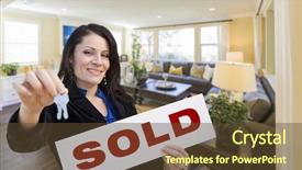  Presentation with beautiful hispanic woman - PPT theme featuring homebuyer - happy hispanic woman with house background and a tawny brown colored foreground