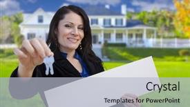  Presentation with beautiful hispanic woman - Presentation theme enhanced with homebuyer - hispanic woman holding blank sign background and a light blue colored foreground