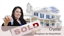  Presentation with white house - PPT theme consisting of homebuyer - hispanic woman holding keys background and a lemonade colored foreground