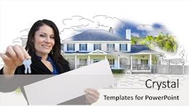  Presentation with white house - Beautiful slides featuring homebuyer - hispanic woman holding keys backdrop and a  colored foreground