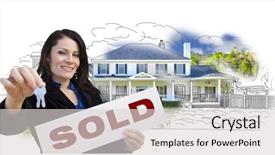  Presentation with white house - Amazing PPT layouts having homebuyer - hispanic woman holding keys backdrop and a light gray colored foreground