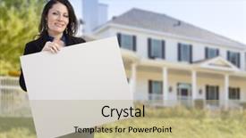  Presentation with blank - Theme with homebuyer - smiling hispanic female holding blank background and a mint green colored foreground