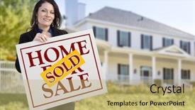  Presentation with intelligence intelligent house smart home - PPT theme enhanced with homebuyer - smiling hispanic woman holding sold background and a yellow colored foreground