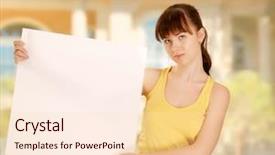  Presentation with outdoors - Beautiful slide set featuring homebuyer - woman holding a blank outdoors backdrop and a  colored foreground