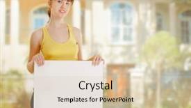  Presentation with woman outlaw - Colorful PPT theme enhanced with homebuyer - woman holding a blank outdoors backdrop and a  colored foreground