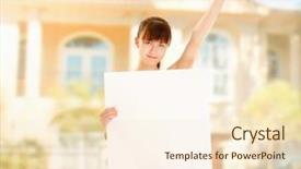  Presentation with blank album frames - Beautiful theme featuring homebuyer - woman holding a blank outdoors backdrop and a  colored foreground