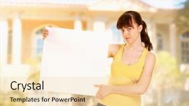  Presentation with medical folder blank or clipboard - Slide deck with homebuyer - woman holding a blank outdoors background and a  colored foreground