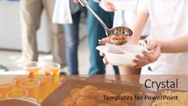  Presentation with volunteer - Beautiful theme featuring homeless - volunteer sharing food with poor backdrop and a coral colored foreground