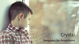  Presentation with homeless - Beautiful PPT theme featuring homeless children - sad boy sitting near window backdrop and a mint green colored foreground