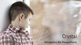  Presentation with sad children - PPT layouts with homeless children - sad boy sitting near window background and a light gray colored foreground