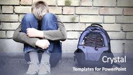  Presentation with upset - Audience pleasing PPT theme consisting of homeless children - upset boy against a wall backdrop and a ocean colored foreground