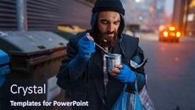  Presentation with food city - PPT theme with homeless-eating-canned-food background and a navy blue colored foreground