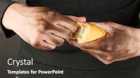  Presentation with homeless - PPT theme enhanced with homeless man holding a white bread close-up background and a dark gray colored foreground