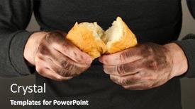  Presentation with homeless - PPT layouts consisting of homeless man holding a white bread close-up background and a dark gray colored foreground