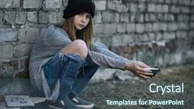  Presentation with teenage girl - PPT theme with homeless poor teenage girl holding background and a ocean colored foreground
