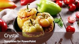  Presentation with leafy vegetables farm to table - Beautiful presentation theme featuring homemade - stuffed peppers with vegetables backdrop and a tawny brown colored foreground