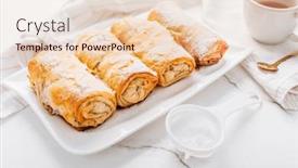  Presentation with tea cup - Presentation design consisting of homemade-apple-strudel-with-cinnamon background and a  colored foreground