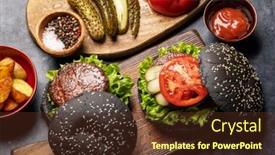  Presentation with burgers - Presentation design enhanced with homemade-beef-burgers-with-black background and a tawny brown colored foreground