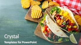  Presentation with potato chips - PPT theme having homemade beef burritos with vegetables background and a ocean colored foreground
