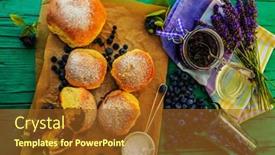  Presentation with blueberry - PPT theme enhanced with homemade blueberry stuffed brioches cakes background and a tawny brown colored foreground
