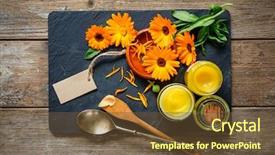  Presentation with calendula - Colorful slide deck enhanced with homemade calendula ointment and oil backdrop and a tawny brown colored foreground