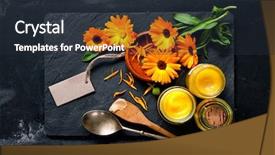 Presentation with calendula - Slide deck having homemade calendula ointment and oil background and a tawny brown colored foreground