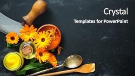  Presentation with calendula - Theme enhanced with homemade calendula ointment and oil background and a tawny brown colored foreground