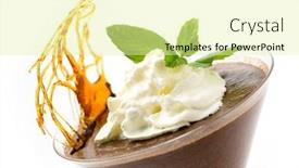  Presentation with dark homemade chocolate bars - Slide set consisting of homemade chocolate mousse in a martini glass with cream a sprig of mint and a caramelised sugar decoration background and a blonde colored foreground