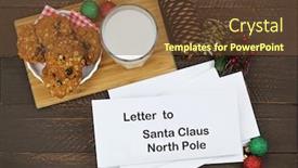  Presentation with cookie - Colorful presentation design enhanced with homemade cookie next to a glass of milk and white envelops with letter to santa claus inside on a wooden background backdrop and a tawny brown colored foreground