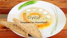  Presentation with salmon dish - Beautiful slides featuring homemade cuisine salmon soup served with bread and pepper on white dish on wooden table backdrop and a blonde colored foreground