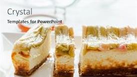  Presentation with cheesecake - Slide set with homemade delicious rhubarb cheesecake - better than from bakery background and a sky blue colored foreground