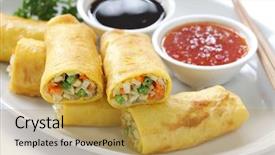  Presentation with vegetarian - PPT layouts consisting of homemade egg rolls vegetarian food background and a gold colored foreground