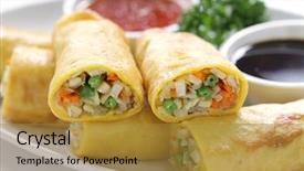  Presentation with vegetarian - Amazing theme having homemade egg rolls vegetarian food backdrop and a gold colored foreground