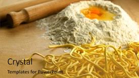  Presentation with spaghetti - Cool new theme with homemade fresh pasta italian spaghetti alla chitarra with ingredients and tools backdrop and a gold colored foreground