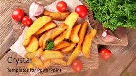  Presentation with cutting board - Colorful presentation theme enhanced with homemade fried potato on wooden backdrop and a coral colored foreground