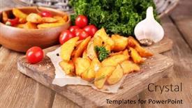  Presentation with cutting board - Colorful presentation enhanced with homemade-fried-potato-on-wooden backdrop and a  colored foreground