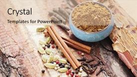  Presentation with herbs - Presentation consisting of homemade garam masala - herbs and spices background and a lemonade colored foreground