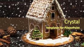  Presentation with gingerbread house decorated colorful candies - Presentation consisting of homemade gingerbread house on dark background and a tawny brown colored foreground