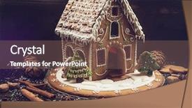  Presentation with gingerbread house decorated colorful candies - PPT layouts with homemade gingerbread house on dark background and a violet colored foreground