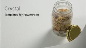  Presentation with muesli - Colorful theme enhanced with homemade granola or muesli in open glass jar on white background backdrop and a light gray colored foreground
